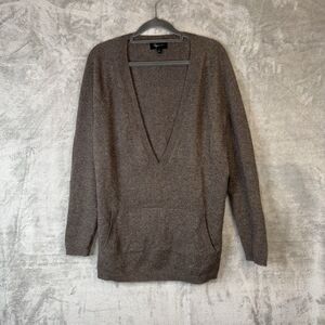 Aqua Cashmere Deep V Neck Sweater Brown Sz Small Cozy Minimalist Kangaroo Pocket